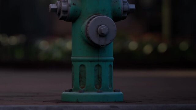 A fire hydrant stands on a pathway in a city park during the evening. The surrounding area shows blurred lights and greenery in the background.