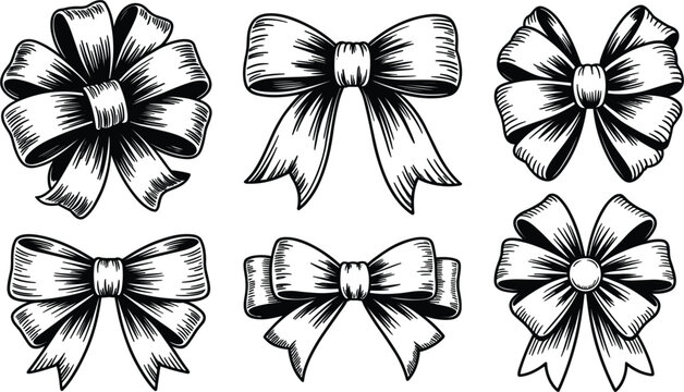 Collection of vintage engraved style decorative ribbon bows and gift knots in black and white vector