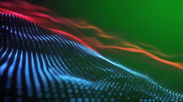 Abstract digital wave forms flowing through a green screen backdrop with cinematic motion and selective focus