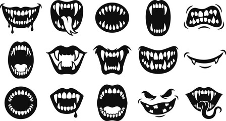 Halloween monster mouth and scary vampire fangs teeth silhouettes collection vector set © Vectronix_Studio