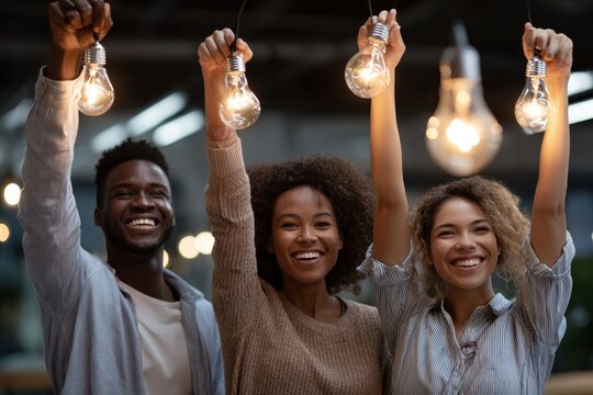 Joyful friends celebrating with light bulbs in a vibrant indoor space in the evening