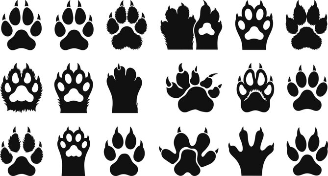 Halloween Werewolf Paw Silhouettes Set with Wolf Tracks, Claws and Animal Paw Prints