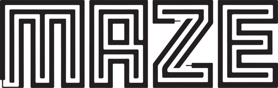Black maze style typography spelling maze with continuous line path patterns inside letters white