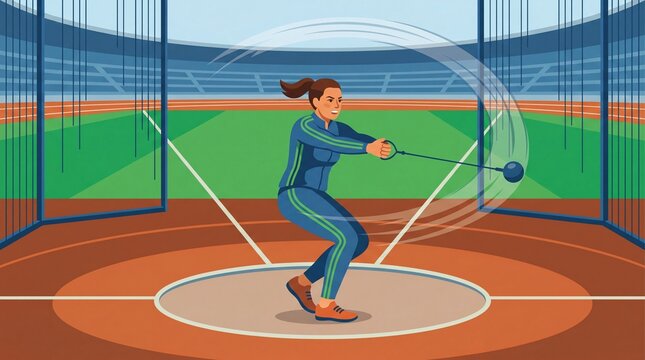 Woman performing competitive hammer throw in athletic stadium for sports illustration