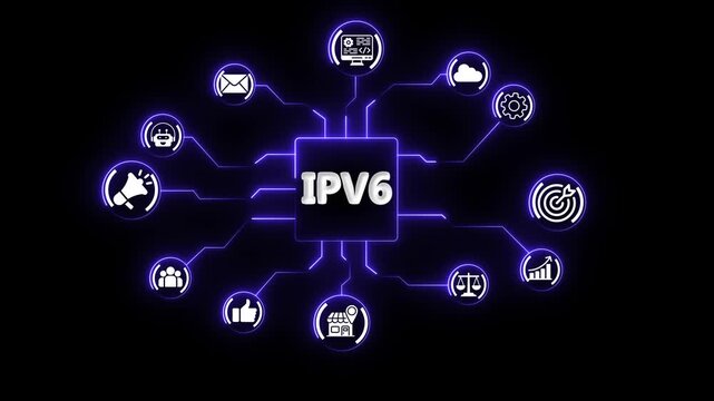 AI IPV6 Network Diagram with Animated Tech Icons and Glowing Circuit Board Connections animation on the black background.