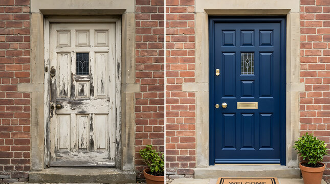 front door renovation before and after | navy blue exterior door paint | restoring old wooden entrance | home curb appeal makeover