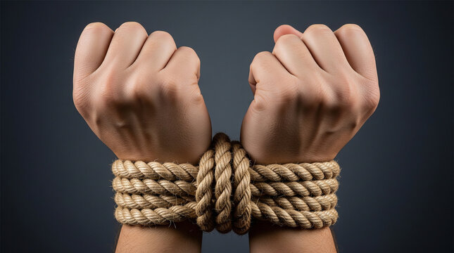 Hands bound tightly together with thick natural rope demonstrate a concept of restriction and entrapment.