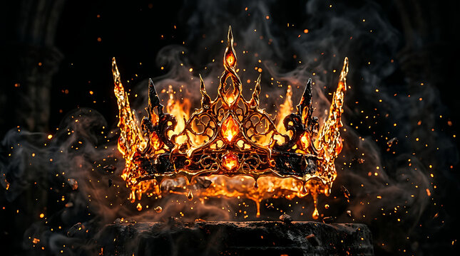 Golden crown engulfed in fiery flames and smoke on dark background