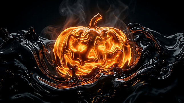Glowing fiery halloween pumpkin with fire and water splash effects on dark background