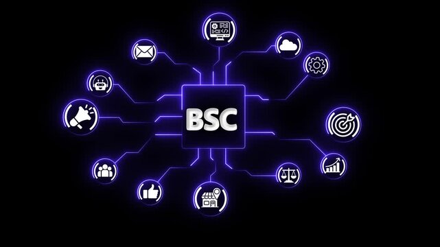 AI BSC Network Diagram with Animated Tech Icons and Glowing Circuit Board Connections animation on the black background.
