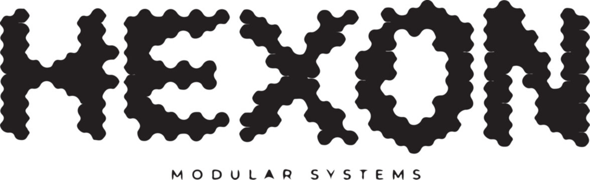 Hexon modular systems with black hexagonal pixelated letter forms isolated on a white background d