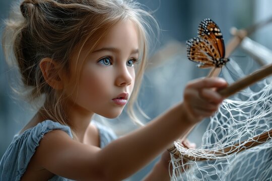 Young girl reaching for a butterfly with a delicate net in a serene indoor setting
