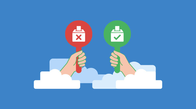 Conceptual illustration of two hands holding voting symbols of yes and no emerging from clouds on a blue background