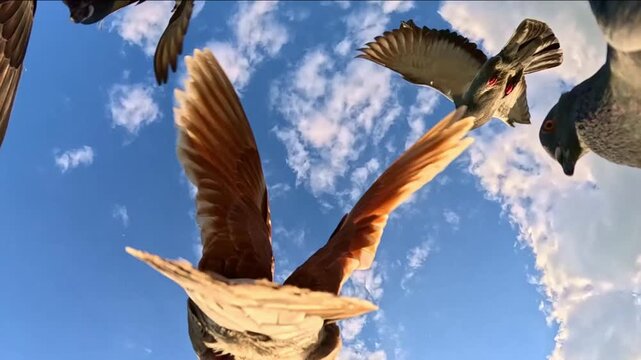 A flock of deeps take off and fly across a blue sky filled with white clouds when viewed from below. A wing briefly crosses the frame as the birds glide and flap their wings in the daytime sky.