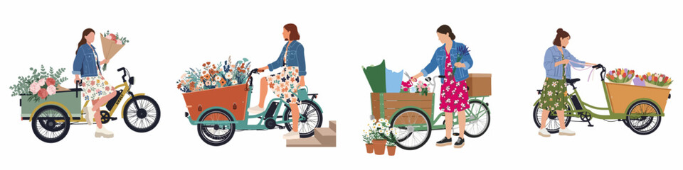 Fototapeta premium Flat illustration set of a florist delivering colorful bouquets of flowers using eco-friendly cargo bikes in a modern urban environment.
