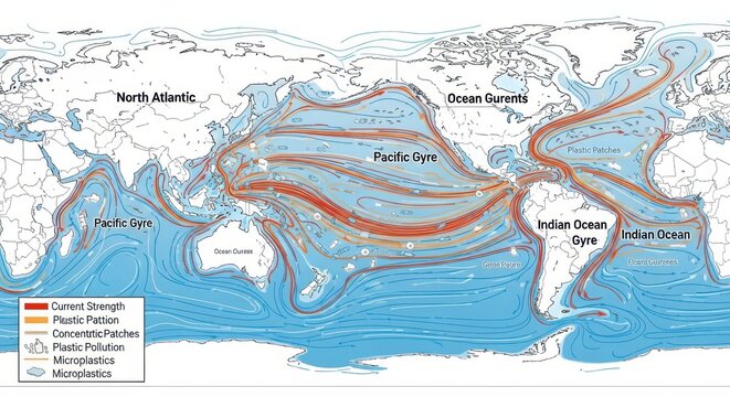 Detailed world map illustrating major ocean currents and their flow directions in color.