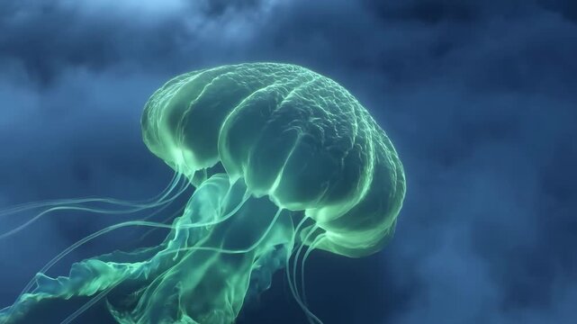 Translucent jellyfish drifting through dense blue mist with glowing filaments, ribbed bell, and trailing tentacles in soft underwater light, with jellyfish, translucent, drifting, tentacle detail