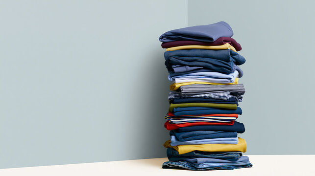A tall stack of neatly folded colorful clothes and pants against a light blue wall corner, laundry organization and wardrobe tidy concept for clothing store display