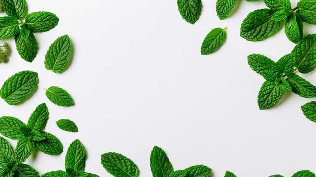 Fresh green mint leaves arranged in a beautiful frame border composition on a white background