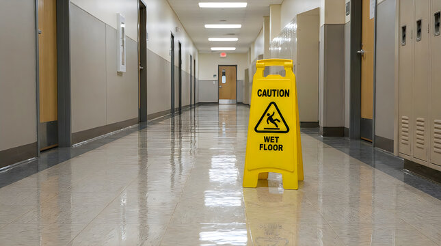 Wet floor caution sign in a hallway
