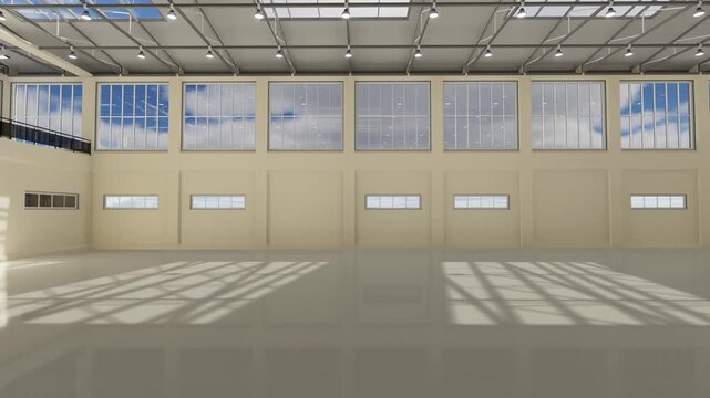 3d render 360-degree orbit camera reveals a modern glass atrium interior with skylight ceiling, reflective marble floor, and panoramic city skyline view through entrance lobby doors.