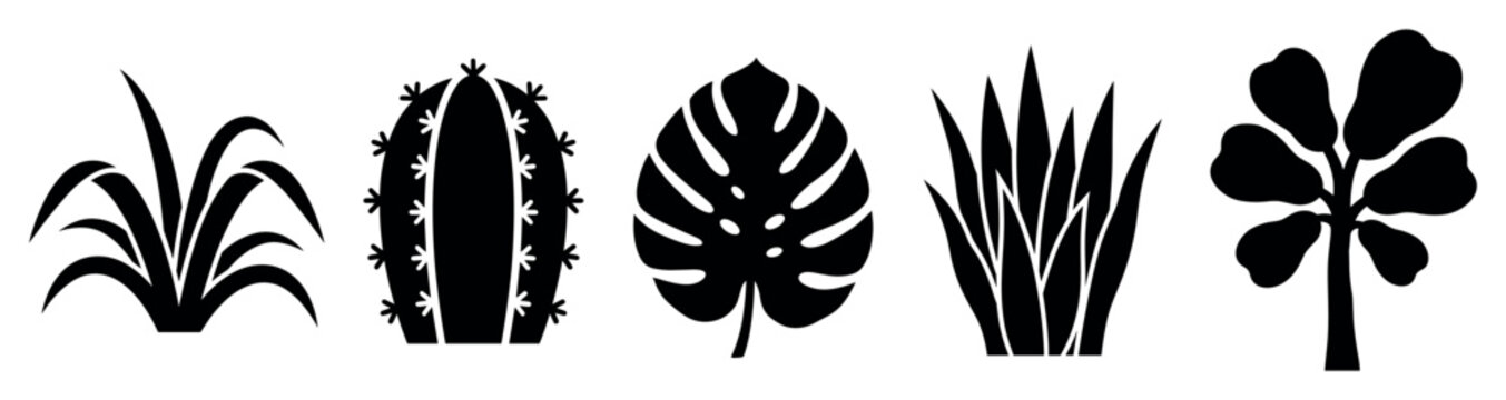 Houseplant icons set. Indoor gardening and botanical concept. Includes grass, cactus, monstera leaf, snake plant, fiddle leaf fig tree. Solid black silhouette style