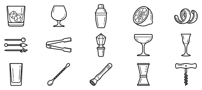 Bar and cocktail icons set. Bartending tools and drinkware concept. Includes whiskey glass, brandy glass, shaker, lemon, peel, picks, tongs, stopper, coupe, cordial glass, highball, spoon,