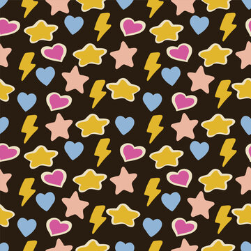 Seamless geometric pattern with pink hearts, yellow stars and zig zag , brightly colorful background for kids.