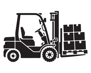 Naklejka premium Forklift transporting stacked cardboard boxes represents efficient industrial logistics and warehouse management operations today.