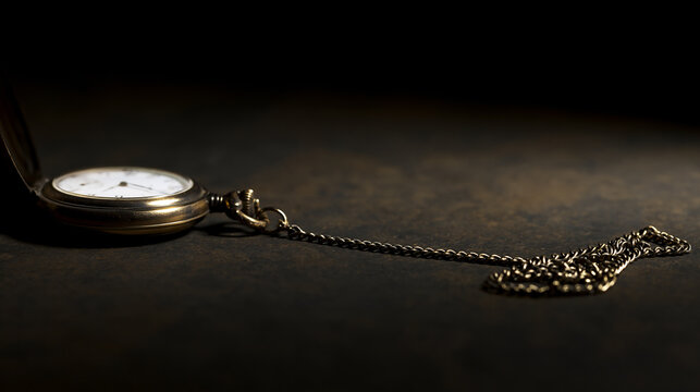 Vintage pocket watch with metallic chain resting on a dark rustic background, capturing timeless classic elegance, historical tradition, and the passage of time in dark photography.