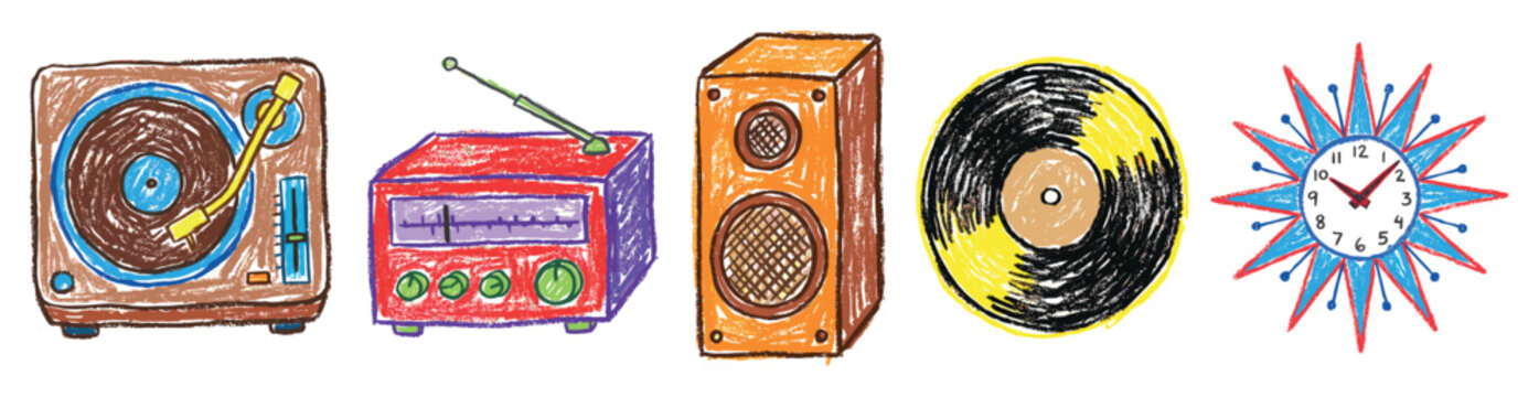 Retro media icons set. Vintage entertainment and time concept. Includes turntable, radio, speaker, vinyl record, wall clock. Hand-drawn crayon style