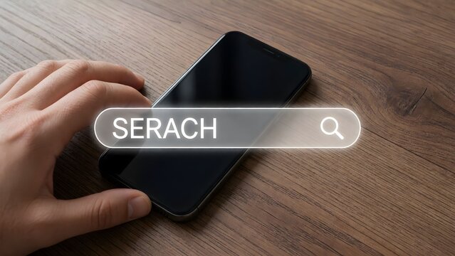 Hand typing search query on smartphone with magnifying glass cursor on wooden surface