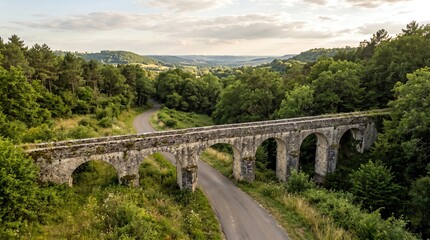 Fototapeta premium Historic stone bridge over scenic rural road amidst lush greenery