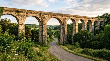 Fototapeta premium Historic stone viaduct over lush green valley under cloudy sky