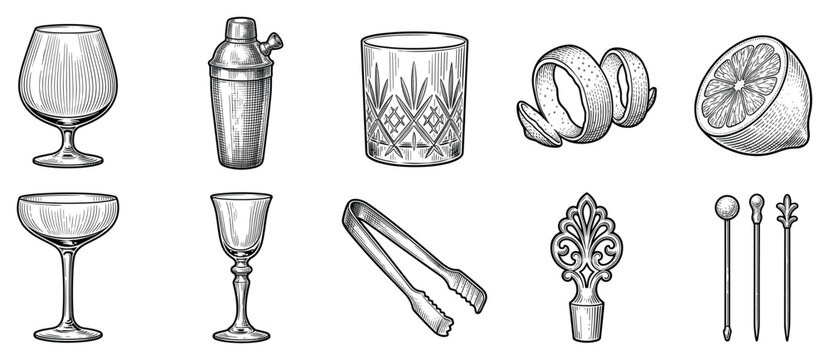 Barware and cocktail icons set. Bartending tools and drink accessories concept. Includes cognac glass, cocktail shaker, old fashioned glass, lemon peel, lemon half, coupe glass, cordial