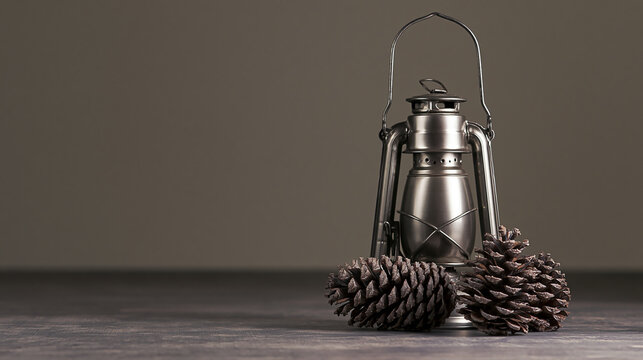 A classic silver metallic oil lantern accompanied by pine cones on a dark rustic surface, representing vintage style, survival gear, camping, and winter nights.