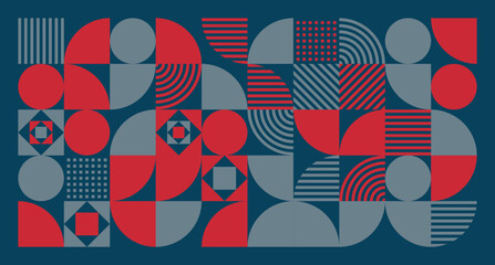 Fototapeta premium A structured grid of red and gray geometric shapes on dark blue, combining curves, stripes, and symmetry for balance.