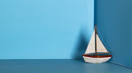 Miniature wooden sailboat model displayed in the corner of a blue wall and floor setup, highlighting nautical themes, marine travel, and rustic home decor ideas. © huynh