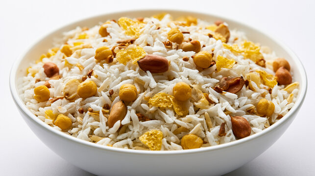 Bowl of poha chivda, a popular indian snack made with flattened rice