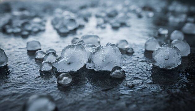 Close up of large icy hail stones lying on the wet asphalt ground after a severe summer thunderstorms weather event, ideal for global climate change crisis concept