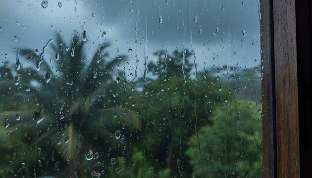 Heavy rain falling on a wet window glass during a summer thunderstorms weather concept with blurred tropical palm trees background in moody monsoon climate atmosphere