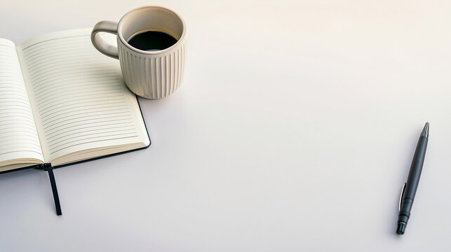 Open lined notebook with a ceramic mug of black coffee and a modern black pen on a clean white desk surface representing morning routine work productivity and study space