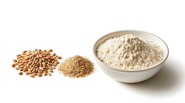 Pile of raw wheat grains, wheat bran, and a bowl of wheat flour on a plain