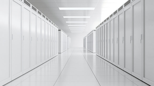 Perspective view of a long corridor lined with server racks in a data center facility