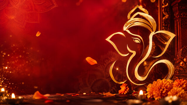 Happy Ganesh Chaturthi festival background with Lord Ganesha idol and festive decorations