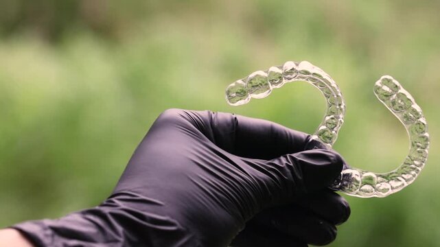 Close view of transparent dental aligners held by dentist in black gloves showing modern orthodontic treatment technology and clear plastic trays for teeth correction