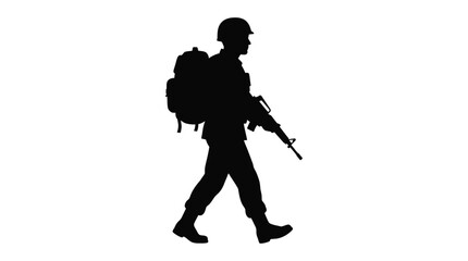 Obraz premium Soldier silhouette walking with rifle. Military man with backpack on patrol mission.