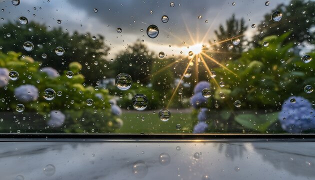 Glowing sunburst shining through stormy clouds with rain drops on glass window during a summer thunderstorm for hope and weather transition concept