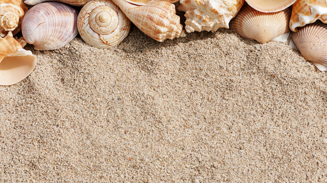 Assorted tropical seashells and conch shells displayed in a border on textured golden beach sand with plenty of copy space for ocean vacation and summer travel designs