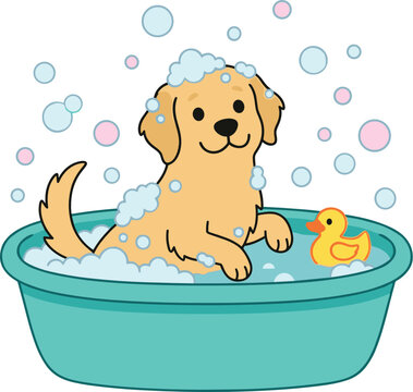 Cute Puppy Bath Time Illustration with Happy Dog Swimming in Water Tub and Pet Grooming Activity Cartoon Vector Design